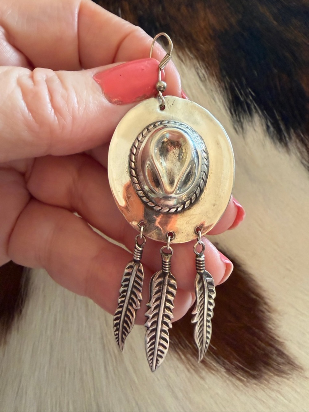 ❤️ Signed “PAJ” Vintage Sterling Silver 9.2G Cowboy Hat w Feather Dangles 3.12”L - Picture 4 of 17